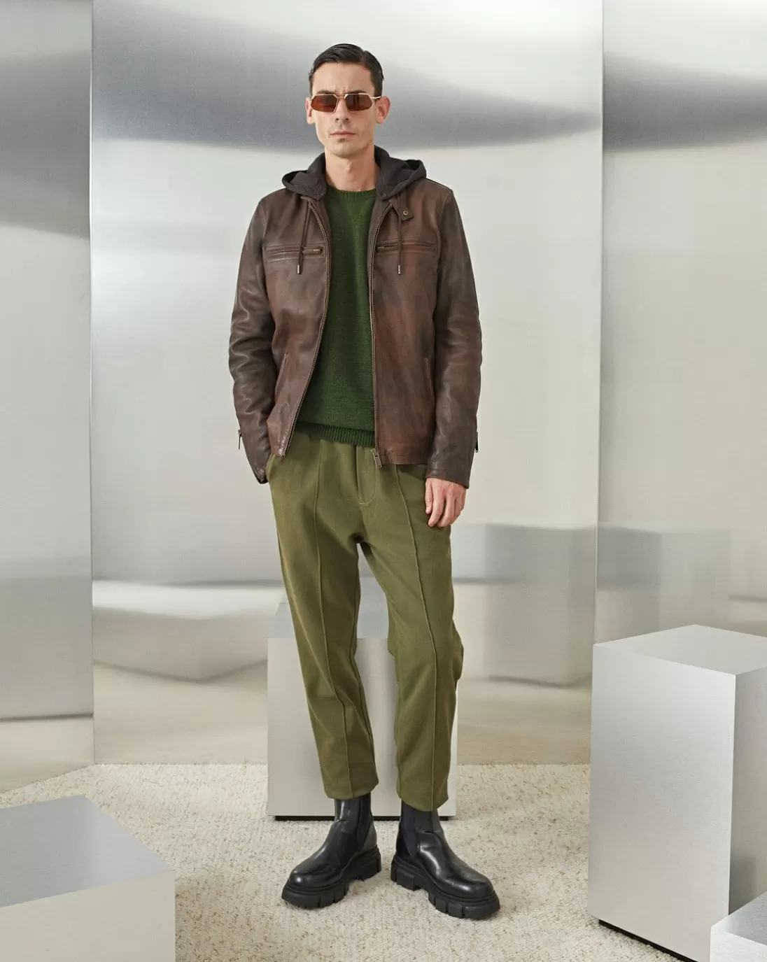 Chevignon Blouson En Cuir Wheel Cacao Blouson En Cuir Avec Capuche Amovible