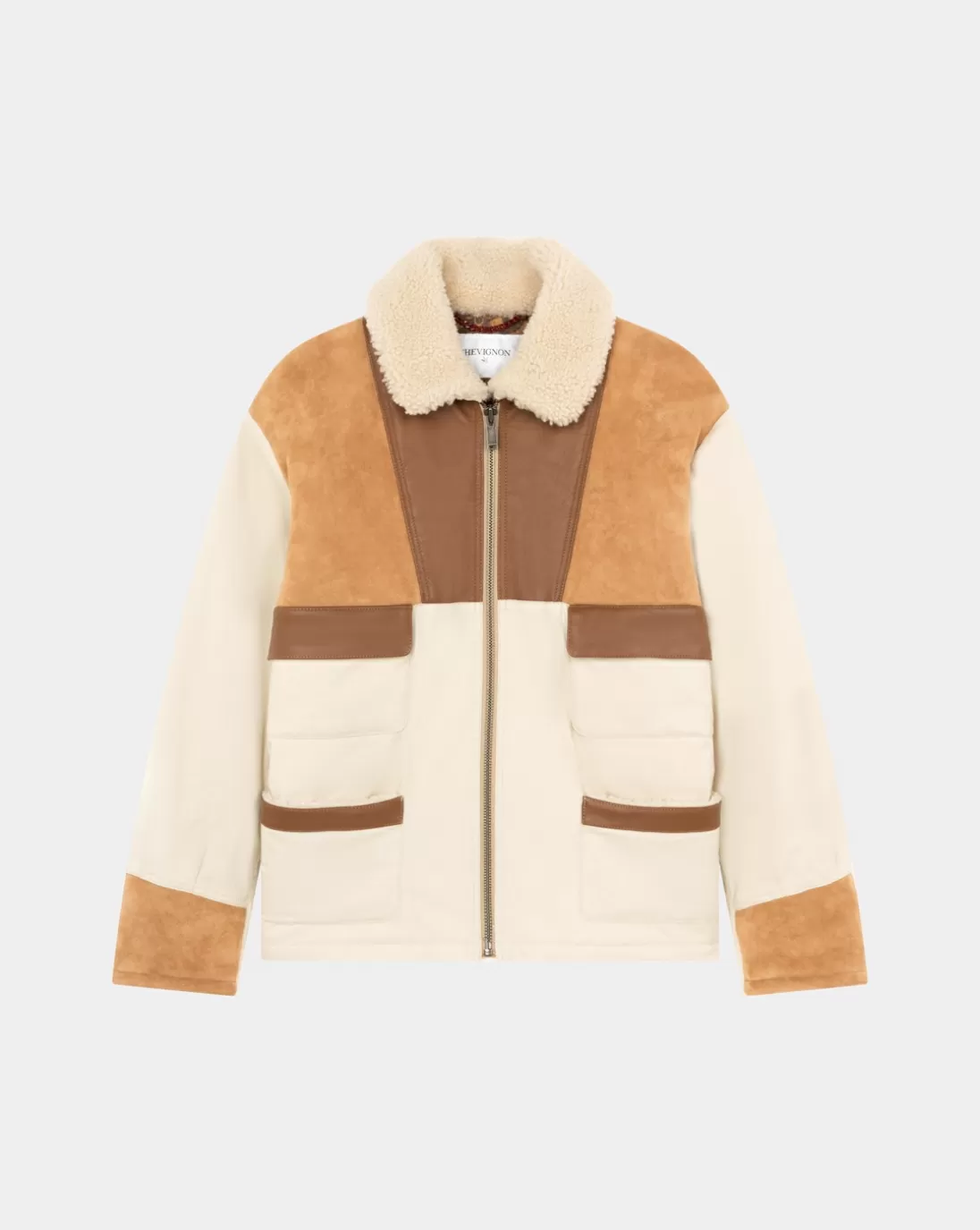 Chevignon Manteau Boume Beige Manteau En Peau Lainee Avec Empiecements En Cuir